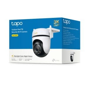 Cámara de seguridad exterior Tapo 3K 5MP con visión nocturna y Wi-Fi, ideal para vigilancia exterior.