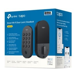 Cerradura inteligente Tapo de TP-Link para puertas con control remoto y bloqueo físico.