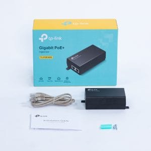 Inyector PoE Gigabit TP-Link para redes Ethernet y cámaras IP.