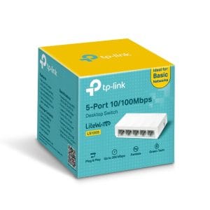Conmutador de red TP-Link 5 puertos 10/100 Mbps para redes básicas y oficinas.
