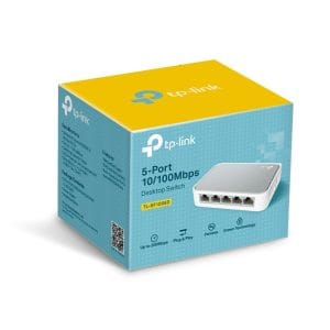 Conmutador de red TP-Link de 5 puertos, velocidad 10/100 Mbps, ideal para redes domésticas y oficina.