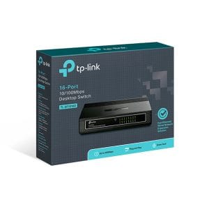 Conmutador de red TP-Link de 16 puertos para conexiones Ethernet rápidas y confiables.
