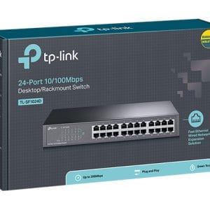 Switch de red TP-Link de 24 puertos 10/100 Mbps, ideal para redes empresariales y oficinas.