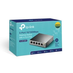 Conmutador Ethernet TP-Link de 5 puertos 10/100 Mbps para redes empresariales.