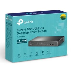 Conmutador PoE 8 puertos 10/100 Mbps para redes empresariales y oficinas.