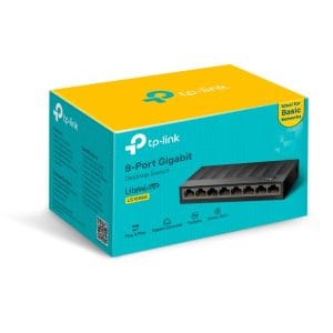 Conmutador de red TP-Link de 8 puertos Gigabit para conexiones rápidas y confiables.