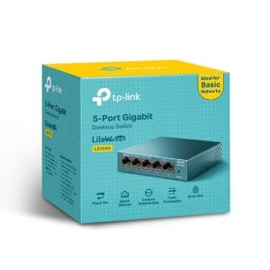 Conmutador de red TP-Link 5 puertos Gigabit para conexiones rápidas y confiables.