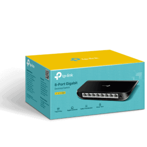 Conmutador de red Gigabit TP-Link con 8 puertos para conexiones rápidas y confiables. Ideal para red.
