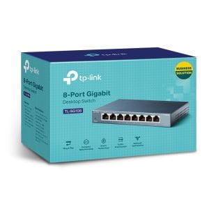Conmutador de red TP-Link 8 puertos Gigabit para conexiones rápidas y confiables.