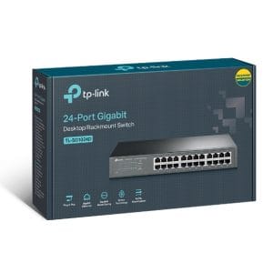 Conmutador Gigabit TP-Link 24 puertos para redes de alta velocidad y rendimiento.