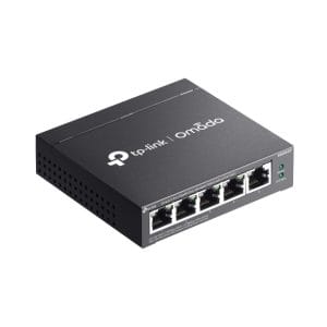 Conmutador de red TP-Link Omada con 5 puertos Ethernet para redes empresariales.