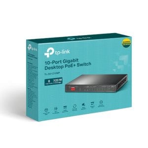 Switch de red TP-Link de 10 puertos Gigabit con PoE+ para redes empresariales.