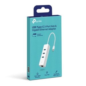 Adaptador USB Type-C a 3 puertos Ethernet gigabit compacto y portátil.