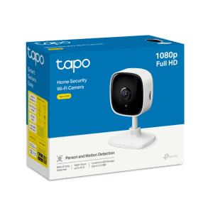 Cámara de seguridad Tapo Wi-Fi 1080p Full HD para vigilancia doméstica y detección de movimiento.