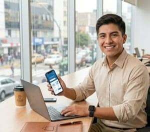Joven empresario mostrando su teléfono móvil con aplicaciones digitales en oficina moderna.