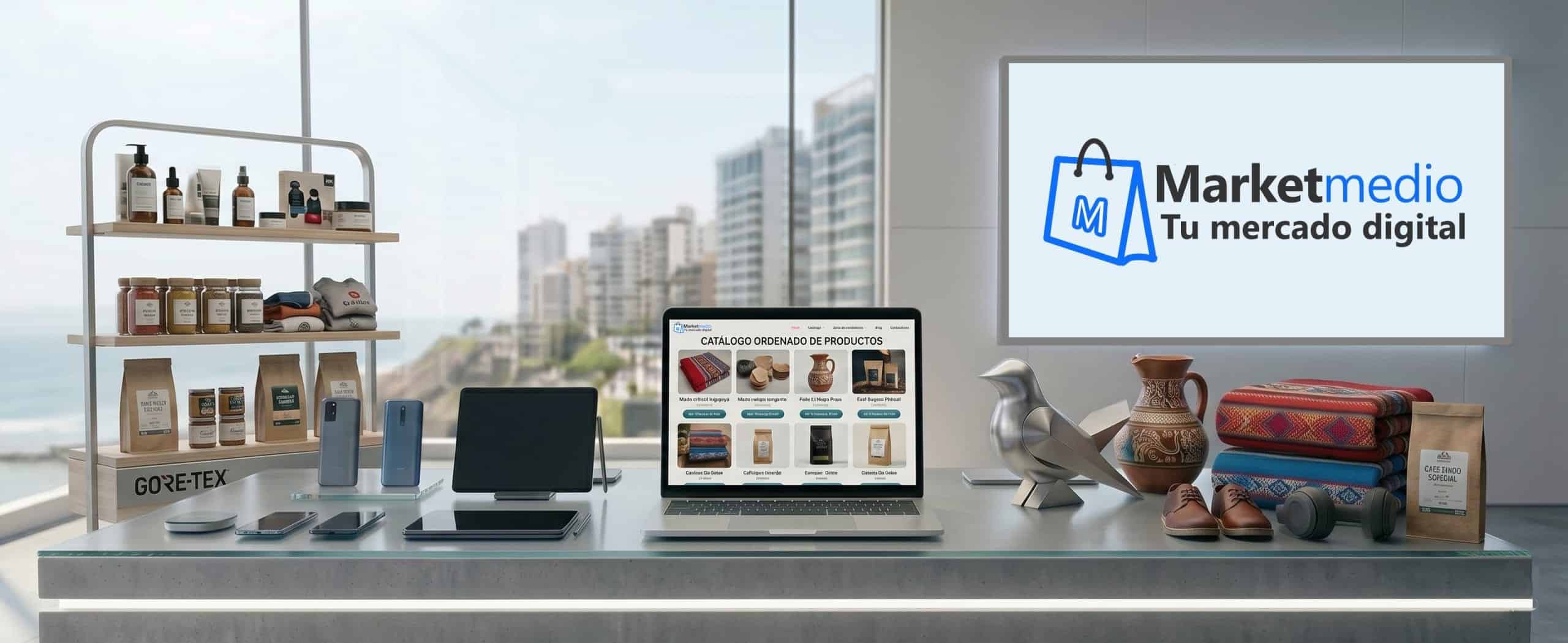 Imagen de oficina moderna con productos digitales y logotipo de MARKETMEDIO, mercado digital y comer.